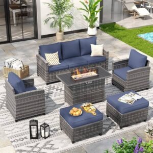 All-Weather Wicker Rattan Outdoor Conversation Set with Ottoman for Poolside, Backyard, Gray Wicker Navy Blue Cushions
